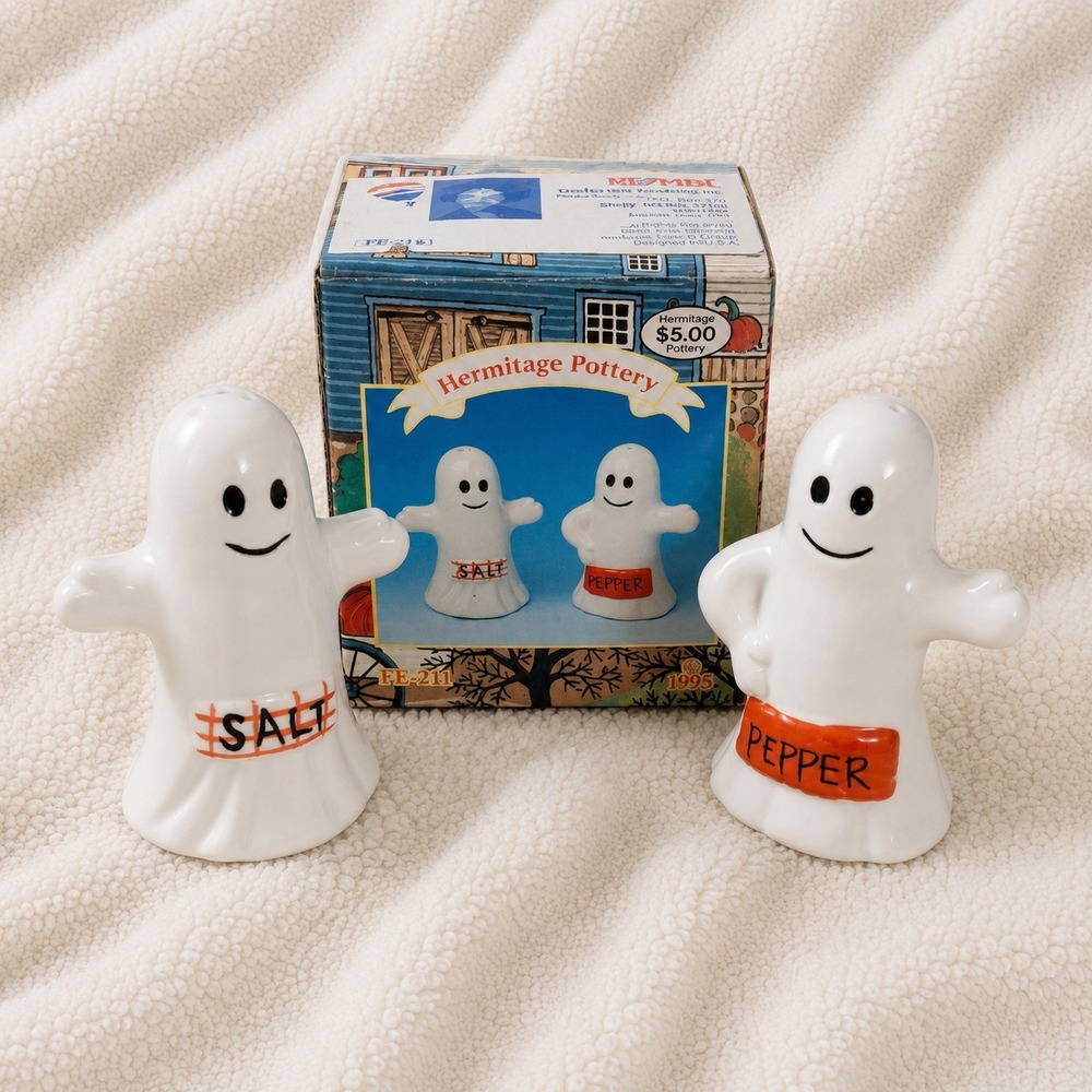 Vintage Halloween Ghost Salt Pepper Shakers 1995 Hermitage Pottery Original Box